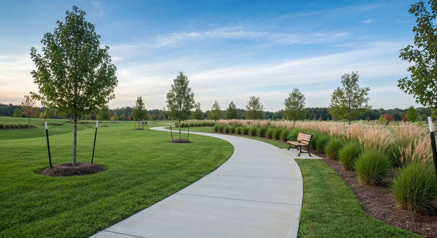 A maintained Charlotte lawn with a curved walking path