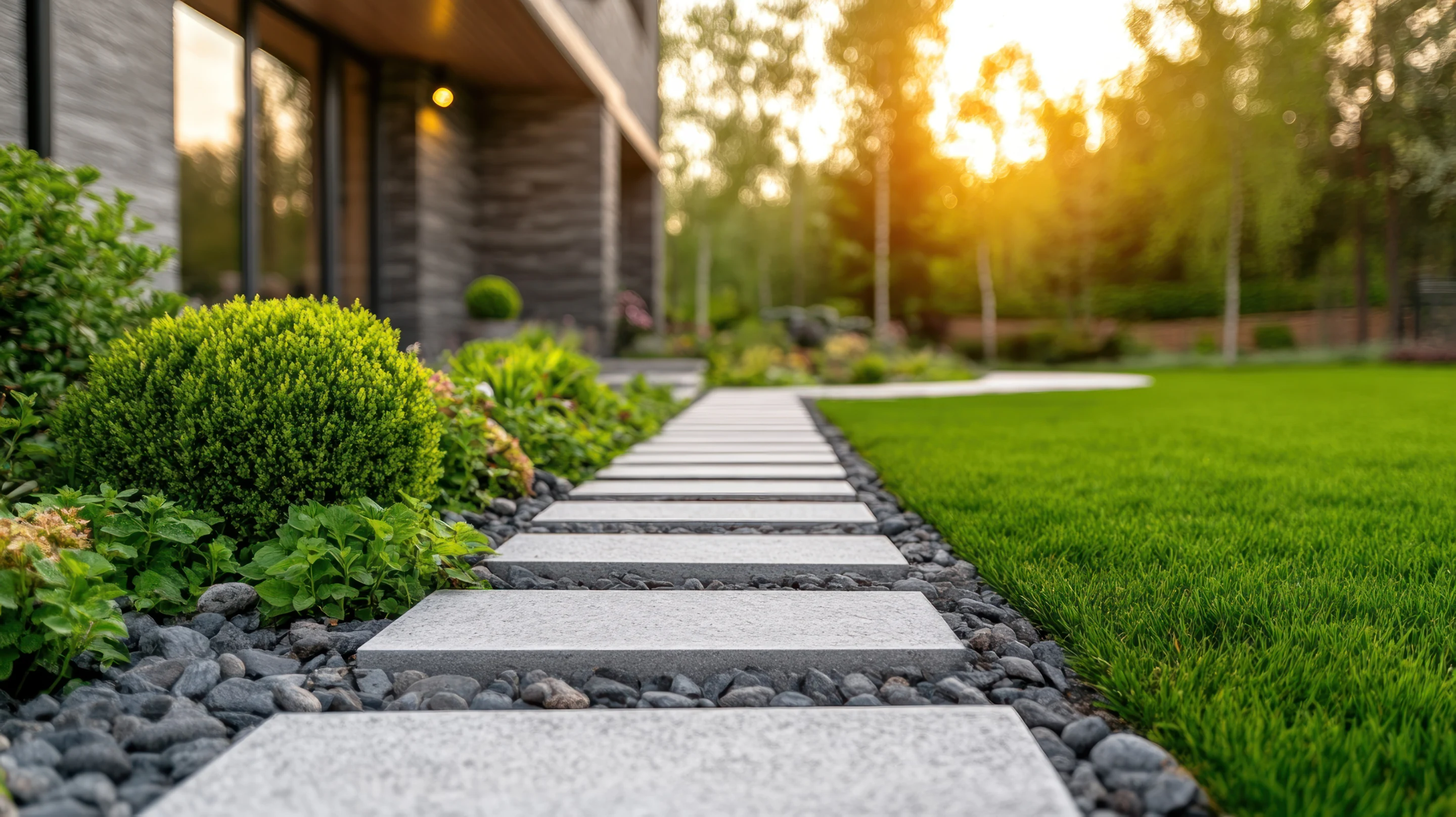 A landscaped home with a stone garden path and a healthy green lawn