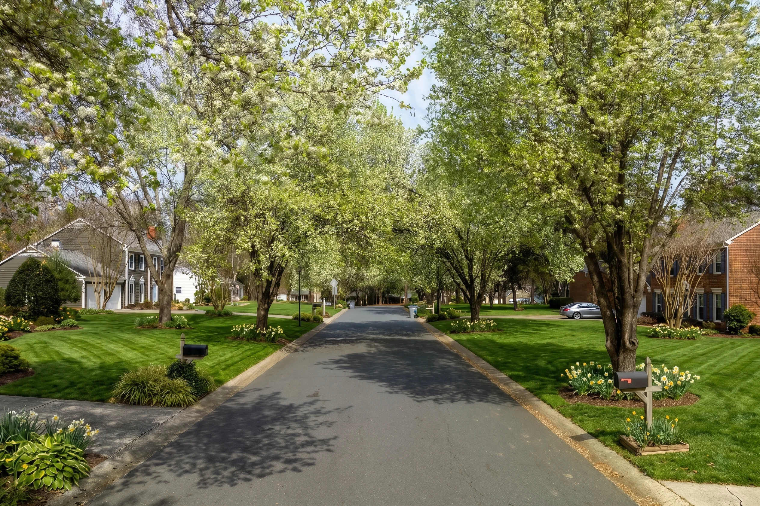 A tree-lined residential street with manicured lawns in Carmel