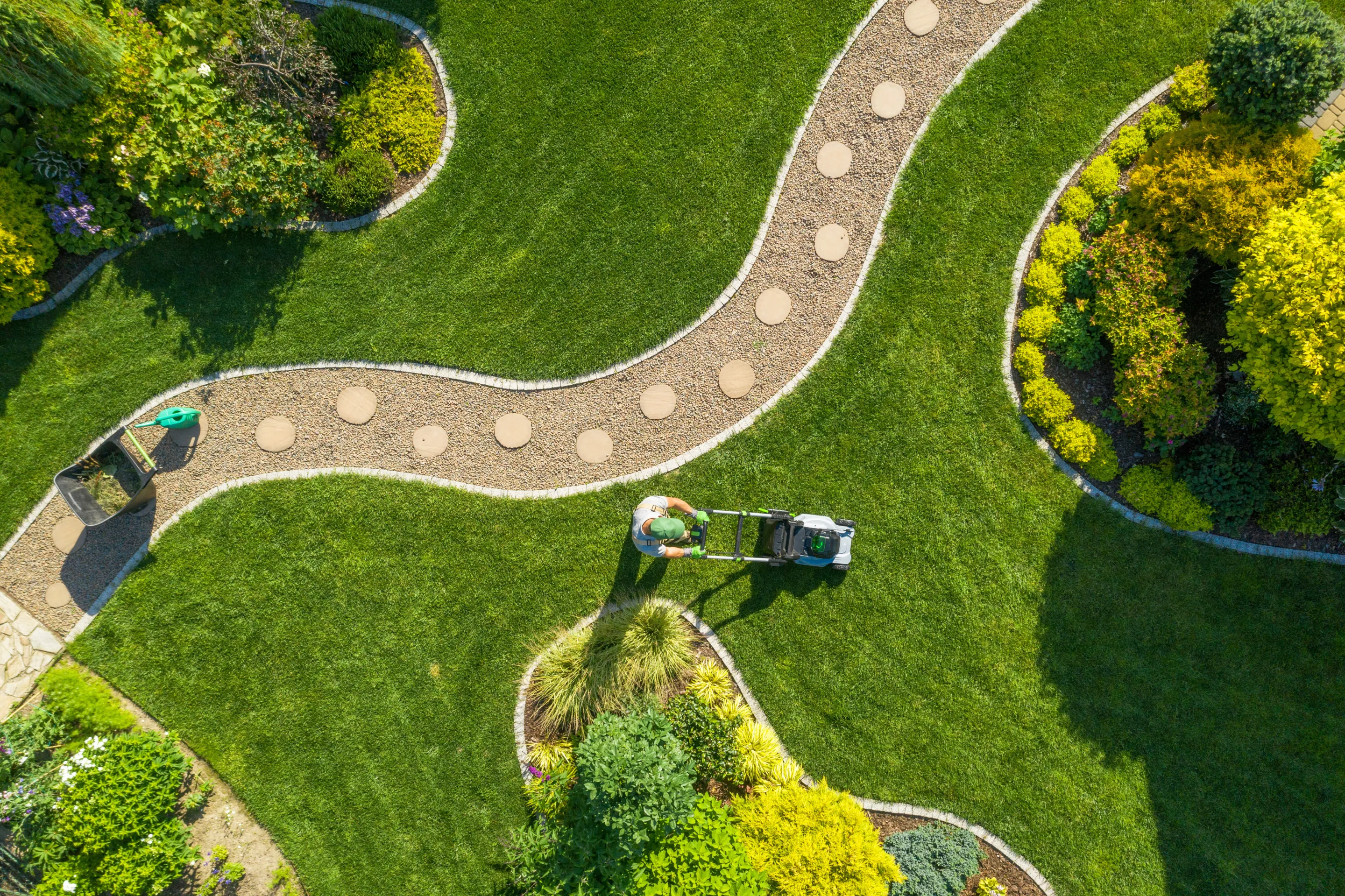 A landscaped path through a green community