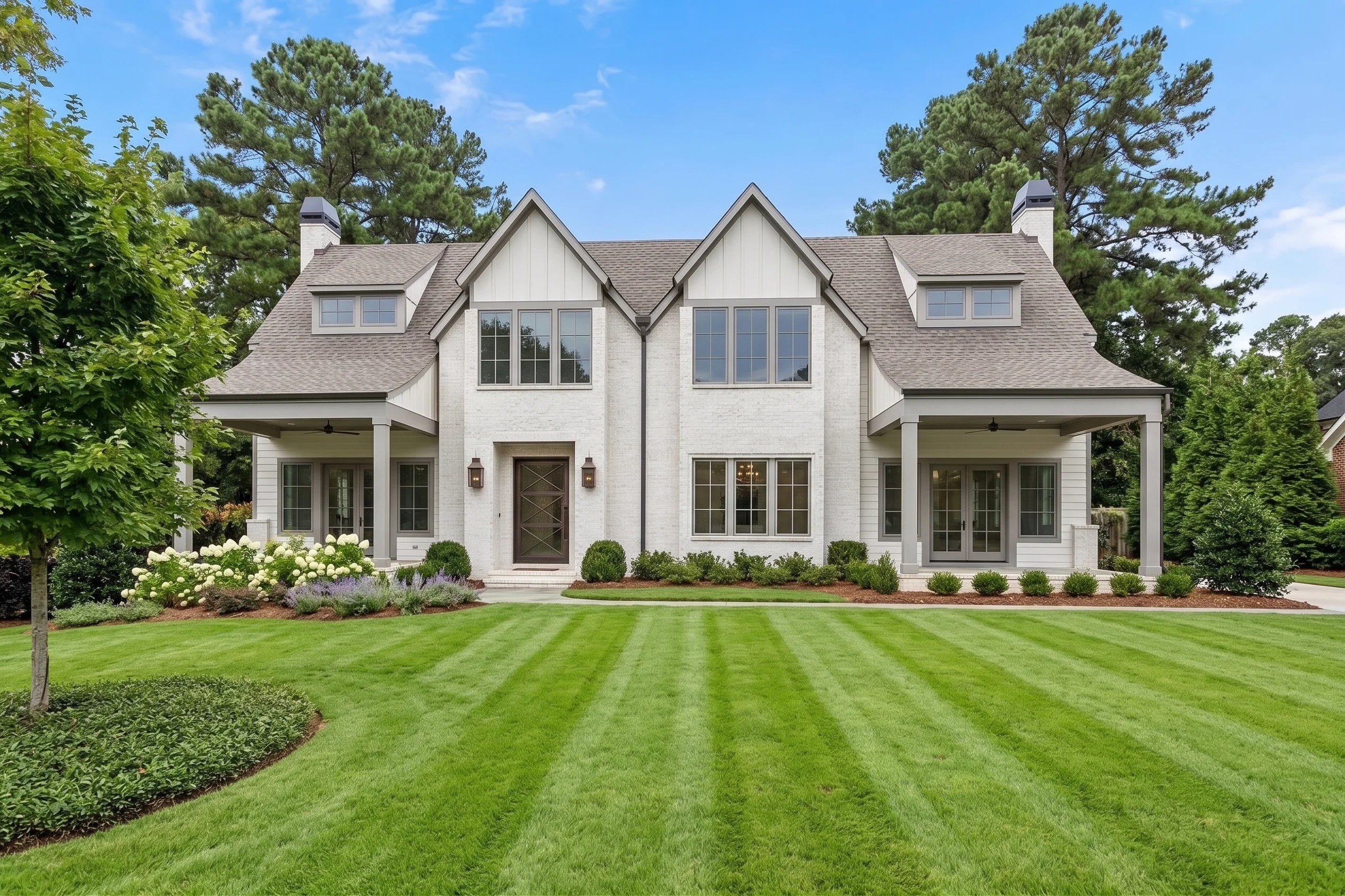 A white Cotswold home with a striped front lawn and flowering garden beds