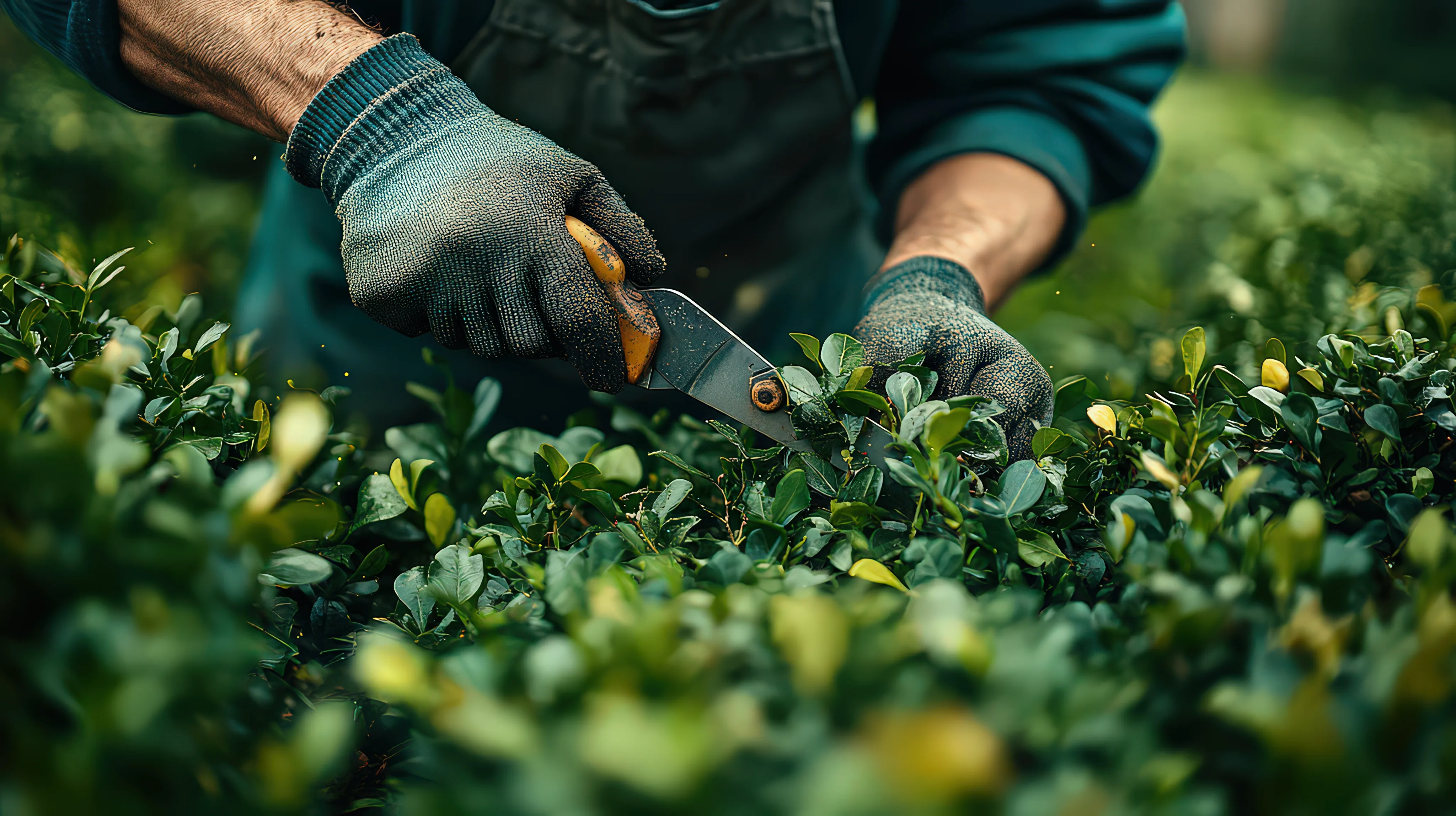 A Vista Green team member carefully trimming a shrub