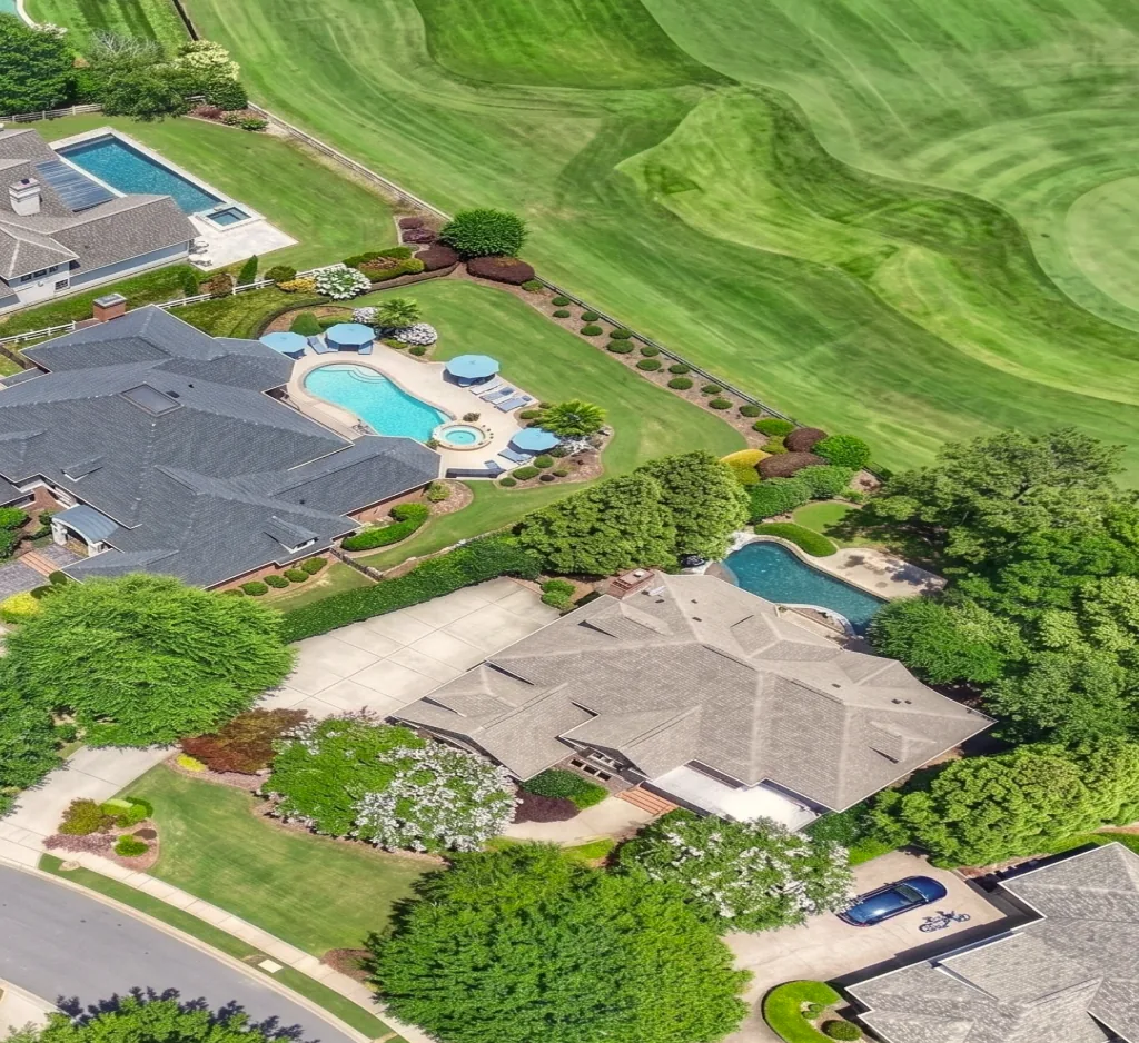 Aerial view of a landscaped South Charlotte community