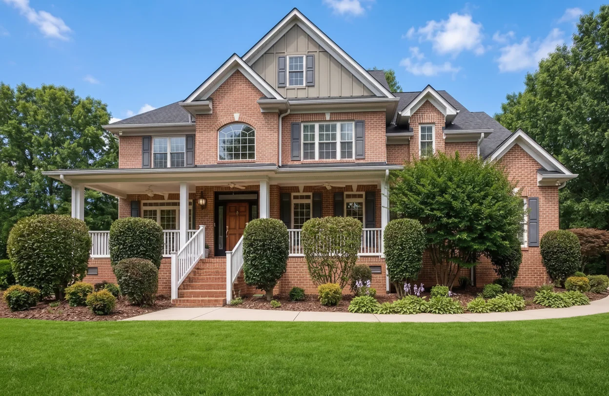 A brick home with trimmed shrubs and a green front lawn in Matthews