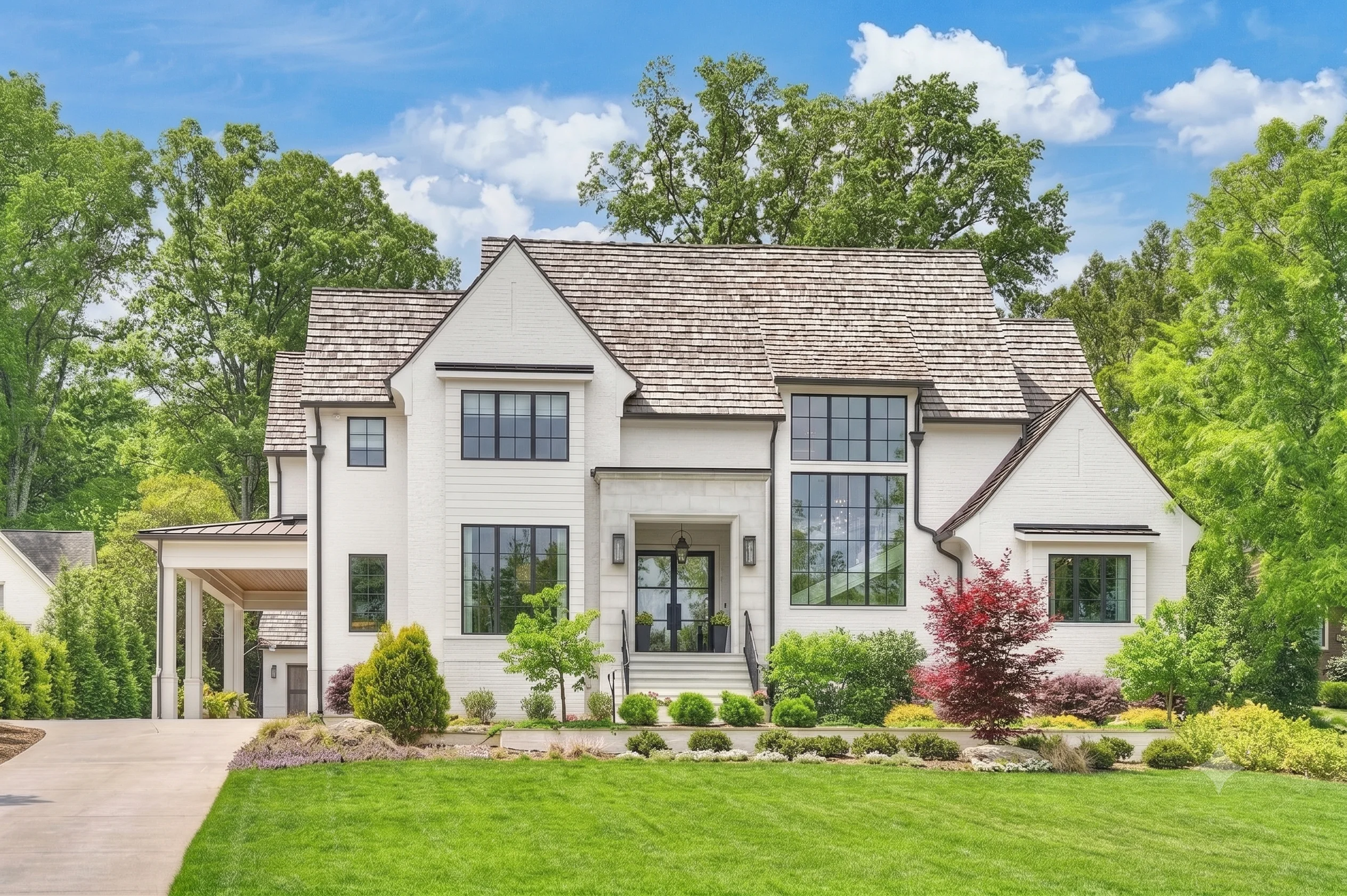 A white Myers Park home with a landscaped front lawn and garden beds