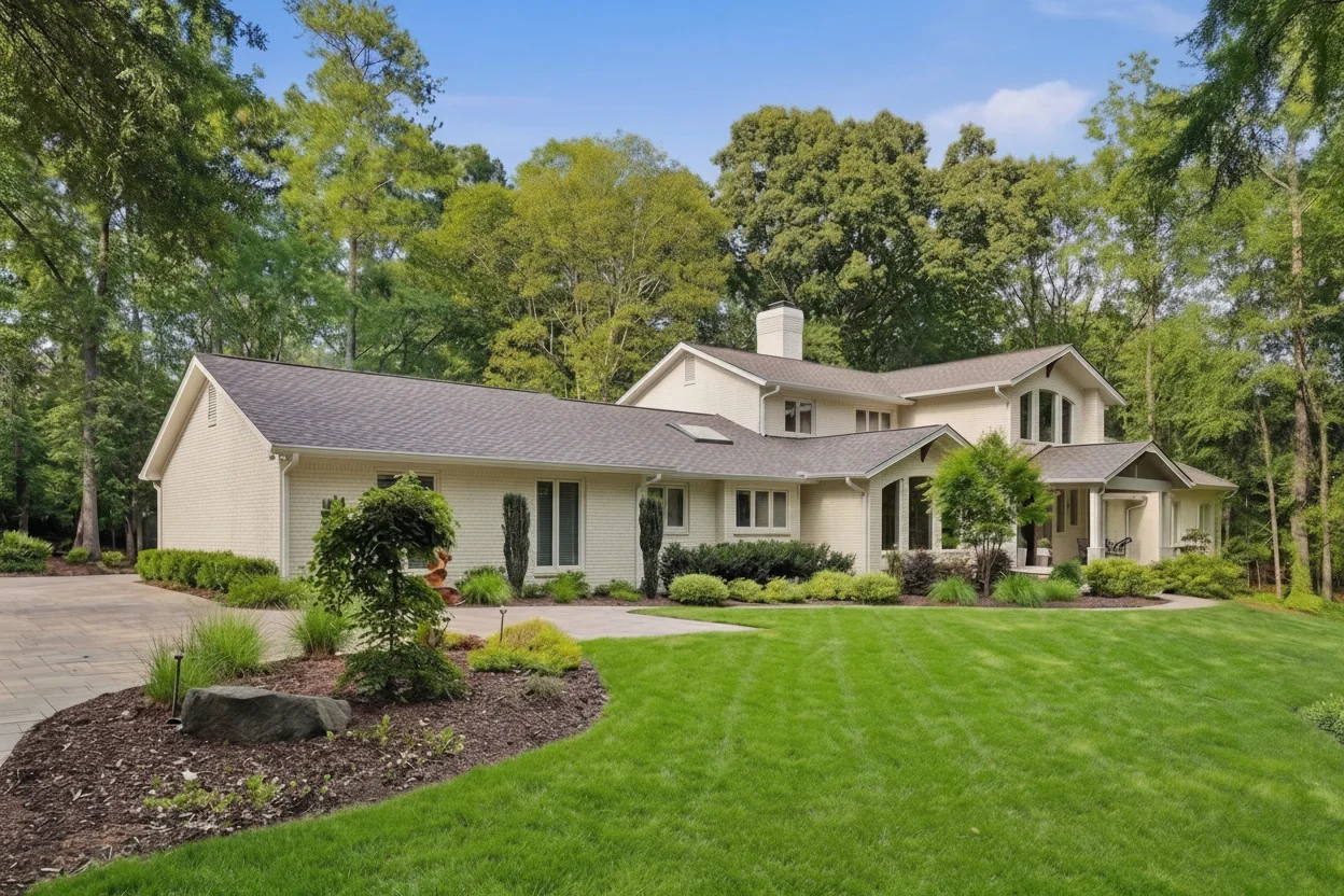 A SouthPark home with a broad striped lawn and landscaped garden beds