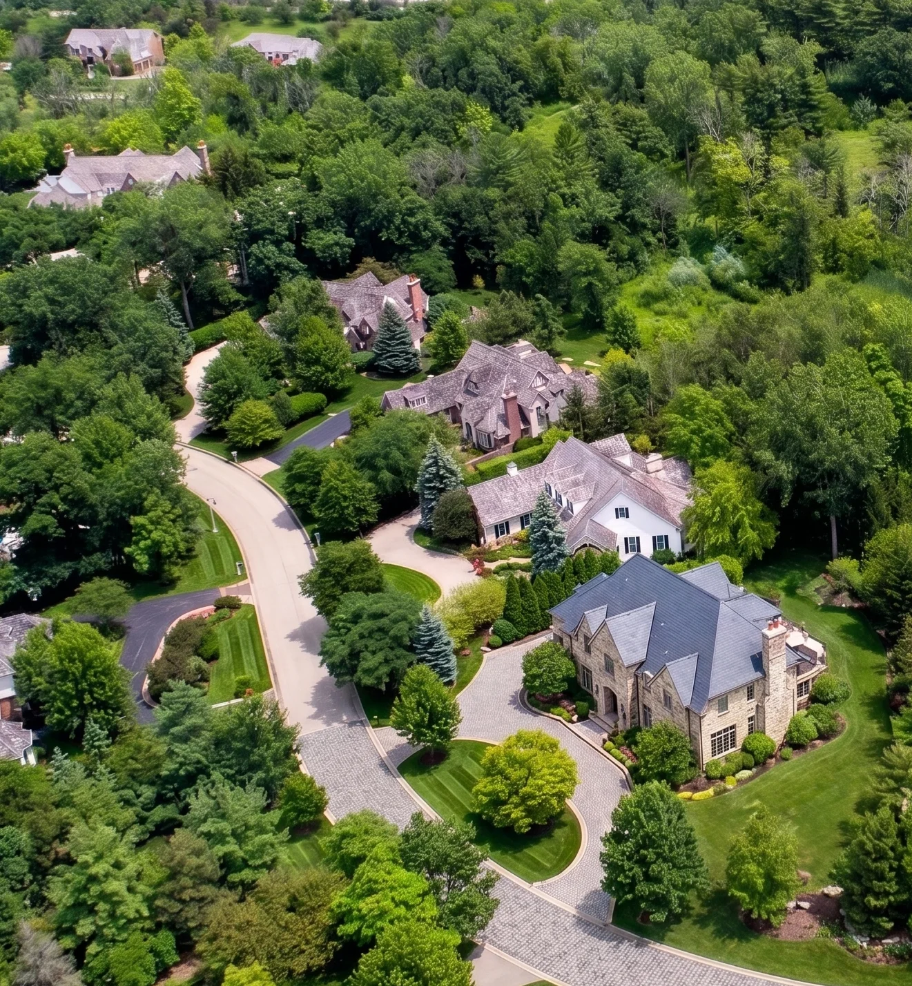 An aerial view of large SouthPark homes surrounded by mature trees and lawns